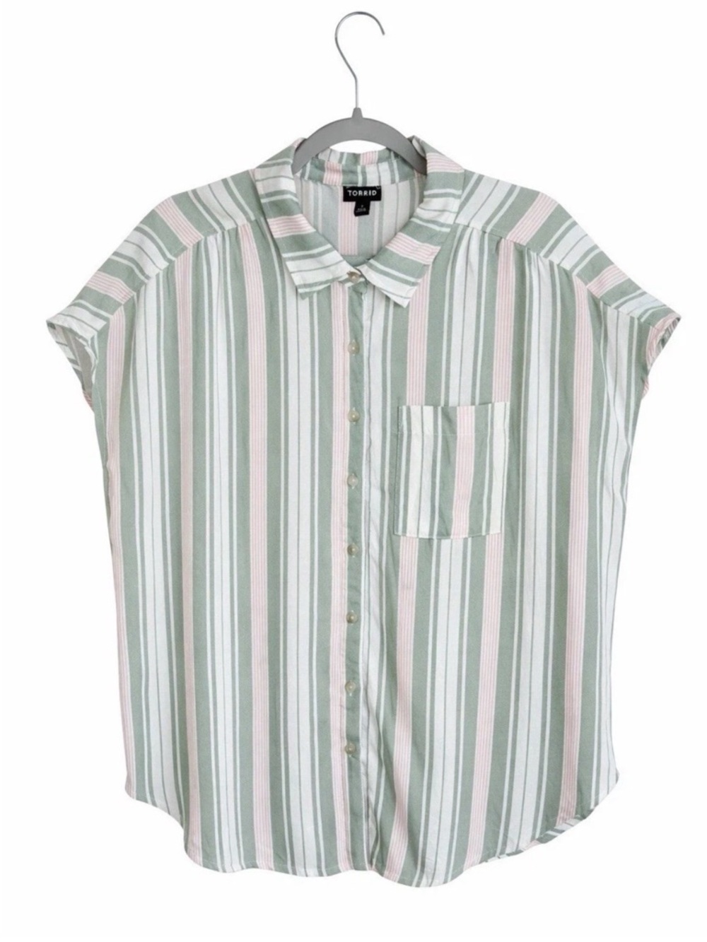 Torrid Size 1X Striped Button Front Blouse Green Pink Lightweight Top Breathable - Picture 2 of 13